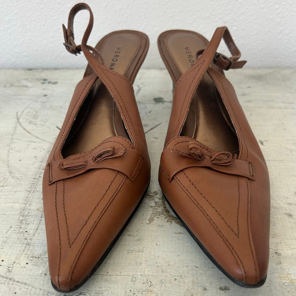 Vintage Merona Abby leather Sling back kitten Heel pointed toe bow coaquette 10 - Picture 5 of 12